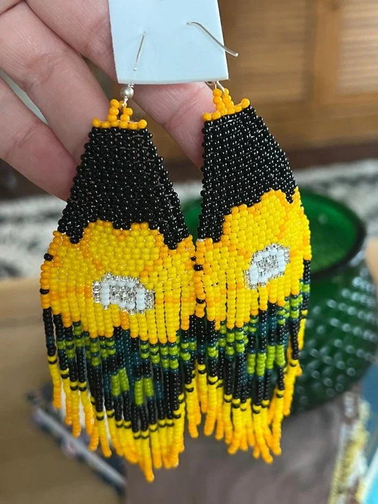 Handmade Beaded Sunflower Fringe Earrings - Yellow & Black - Picture 11 of 13